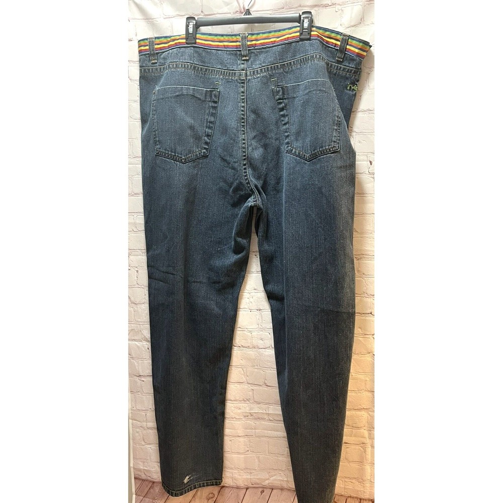 Massive brand men's blue jeans colorful striped waistband 44 46x34 FLAWS READ